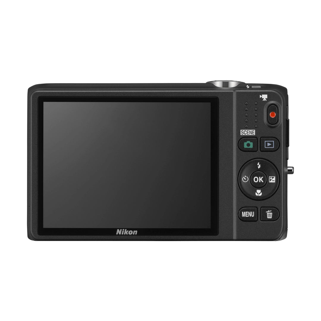 Rear view black Nikon Coolpix S6500 point-and-shoot camera with 3-inch LCD screen and control buttons from ClubCamera.com