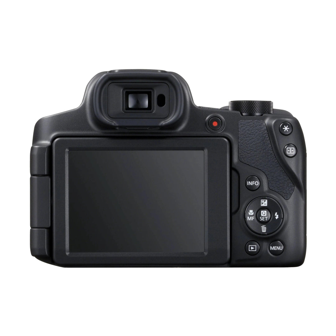 Rear view black Canon PowerShot SX70 HS showing retracted LCD screen and control buttons at ClubCamera.com