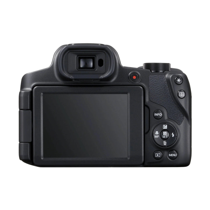 Rear view black Canon PowerShot SX70 HS showing retracted LCD screen and control buttons at ClubCamera.com