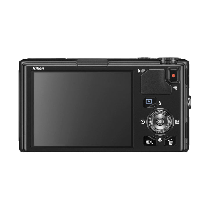 ClubCamera.com rear view of black Nikon Coolpix S9600 digital camera showing LCD screen and control buttons