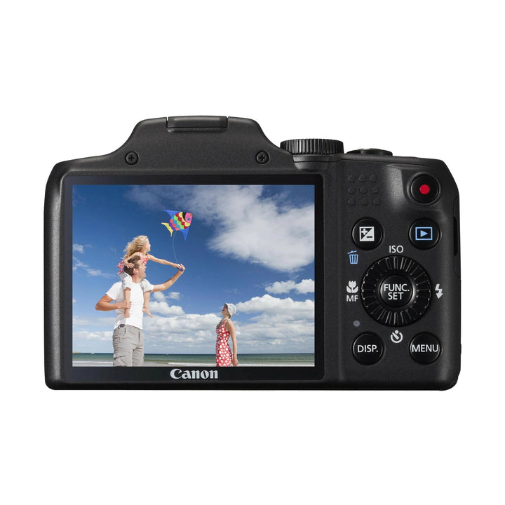Rear view of Canon PowerShot SX170 IS showing 3-inch LCD screen and controls at ClubCamera.com