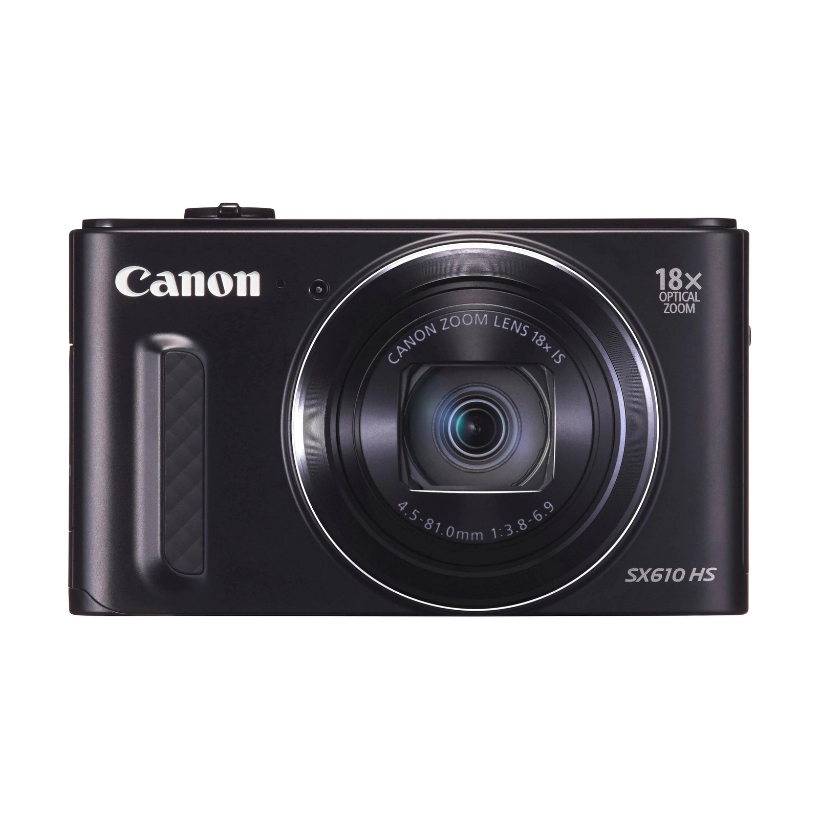 ClubCamera.com front shot of black Canon PowerShot SX610 HS highlighting 18x optical zoom lens and textured grip