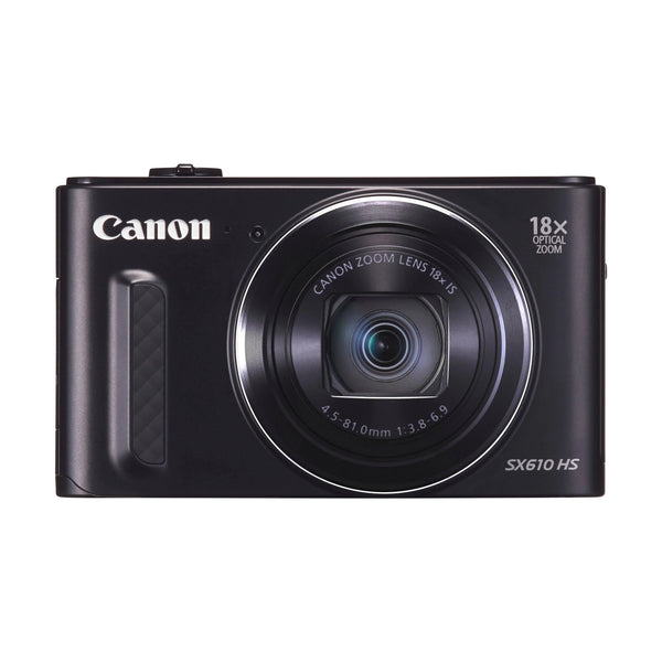 ClubCamera.com front shot of black Canon PowerShot SX610 HS highlighting 18x optical zoom lens and textured grip