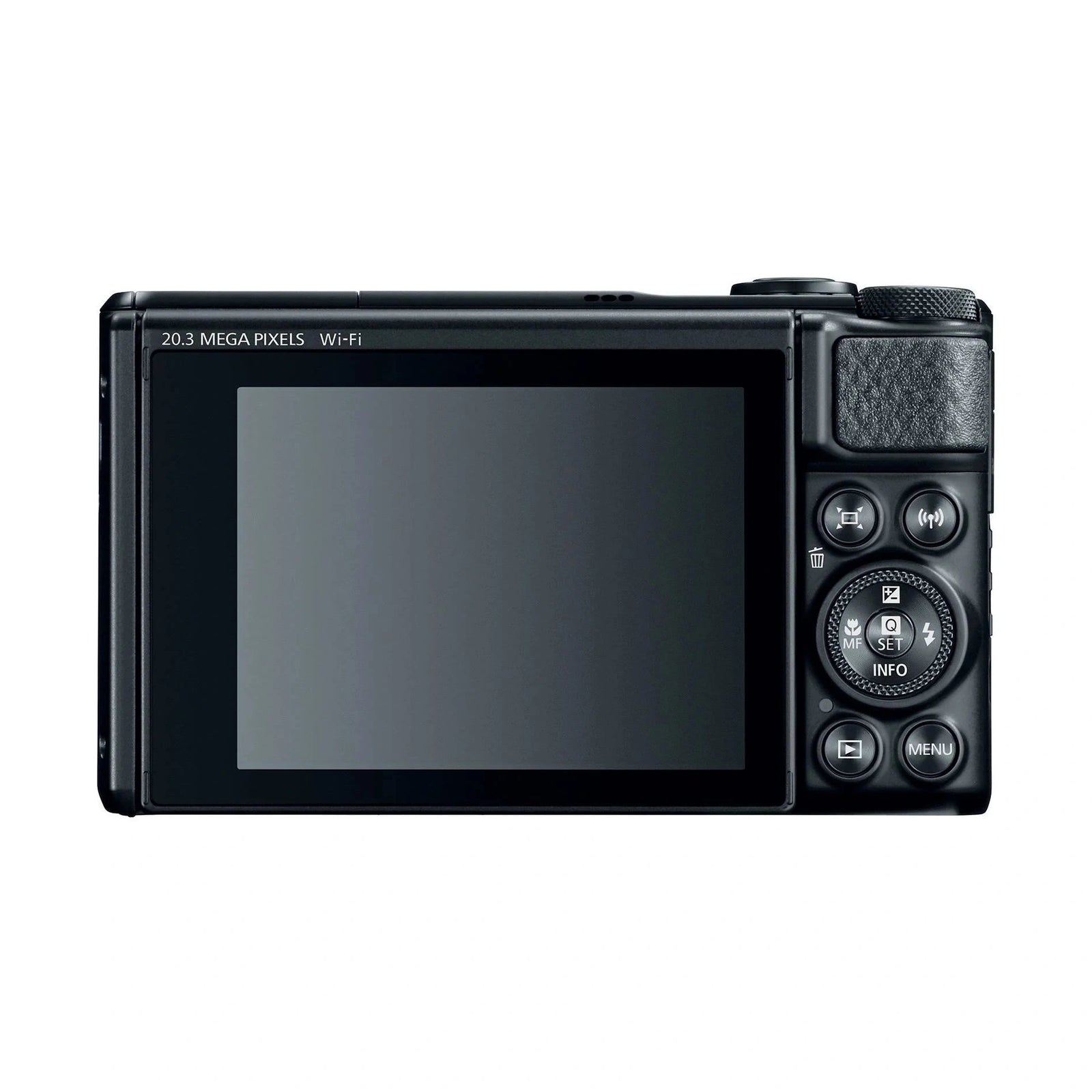 Black Canon PowerShot SX740 HS rear view showing LCD screen and control wheel