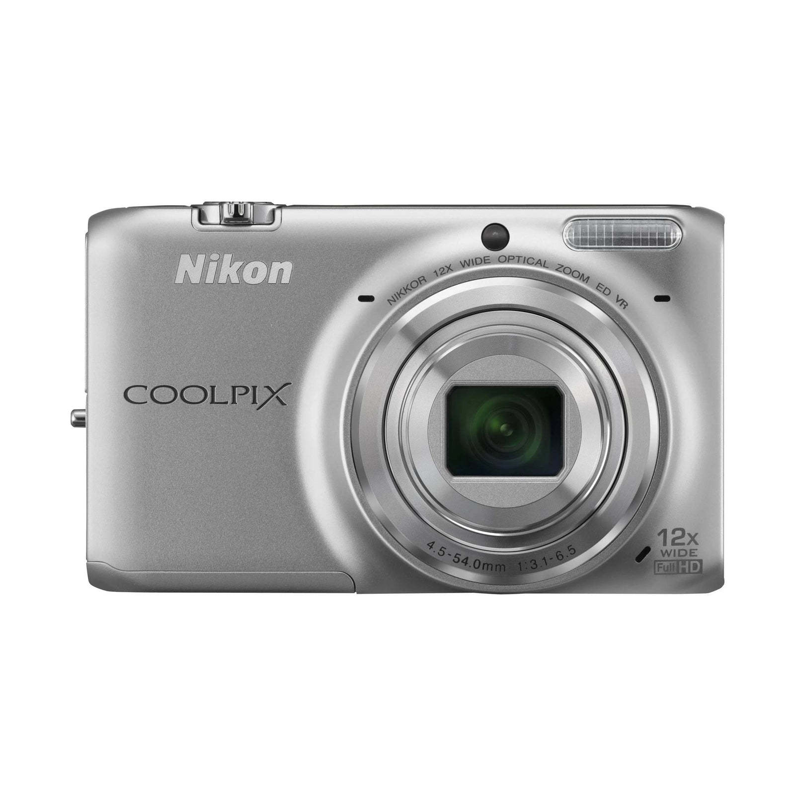 Silver metallic Nikon Coolpix S6500 front shot showing NIKKOR 12x optical zoom lens and brushed aluminum finish by ClubCamera.com