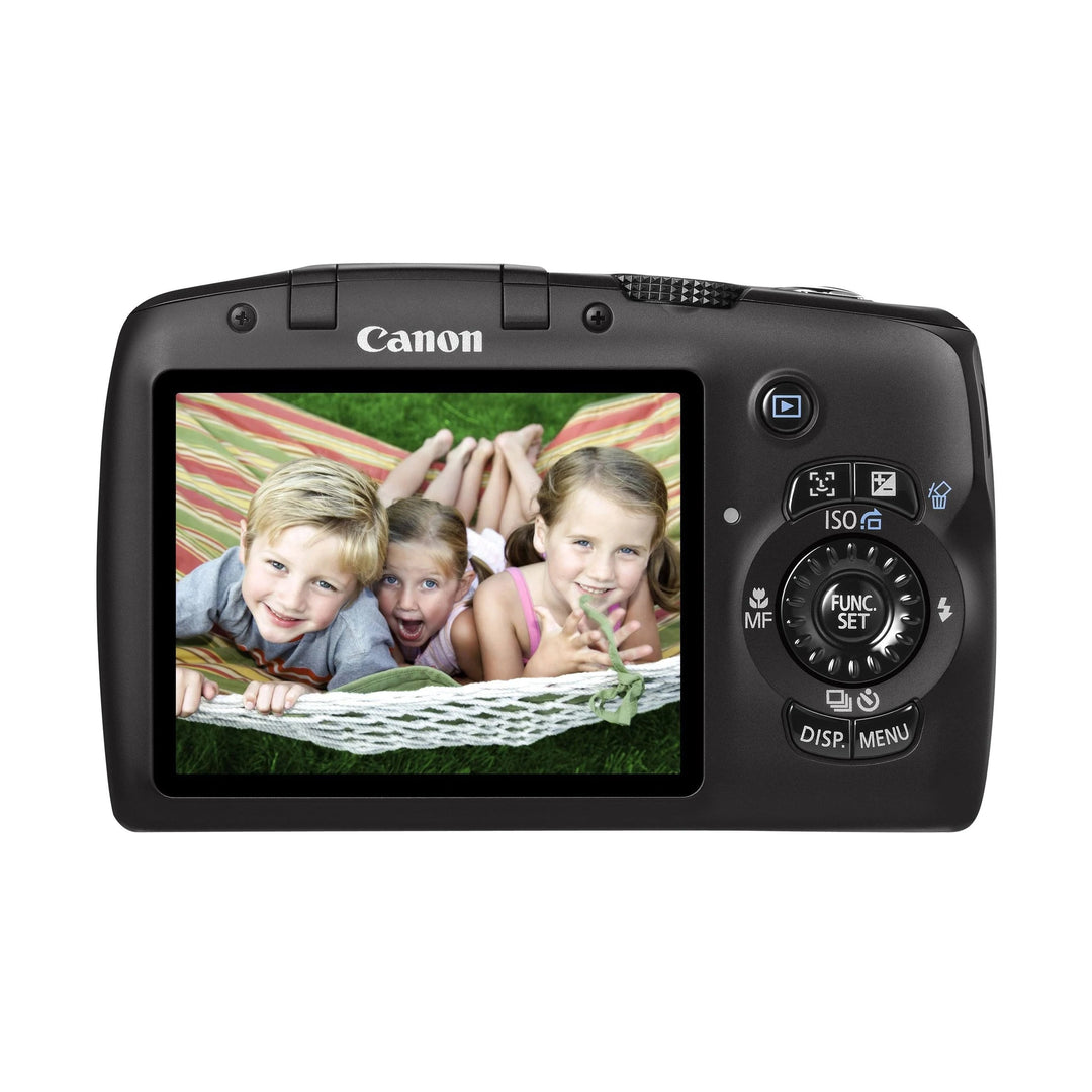 ClubCamera.com Canon PowerShot SX120 IS rear view showing 3.0-inch LCD screen displaying children in hammock