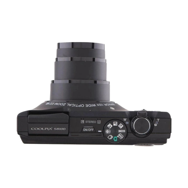 Top-down view of ClubCamera.com black Nikon Coolpix S8100 featuring mode dial and stereo microphone ports