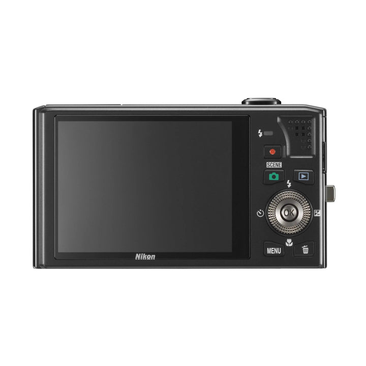 Nikon Coolpix S8000 black back view with LCD screen and OK dial at ClubCamera.com