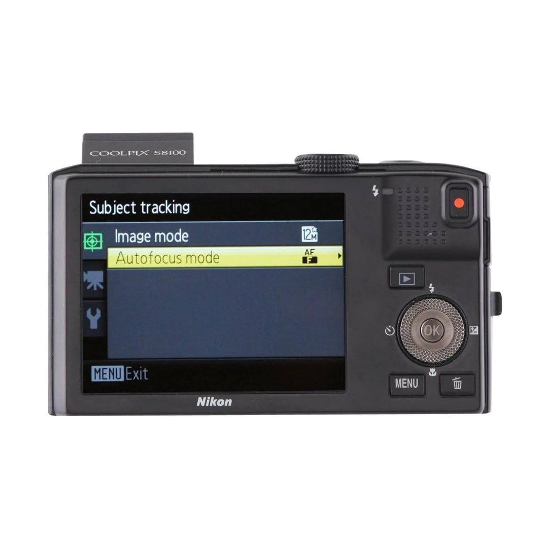 Rear view of ClubCamera.com black Nikon Coolpix S8100 showing active LCD screen with autofocus menu