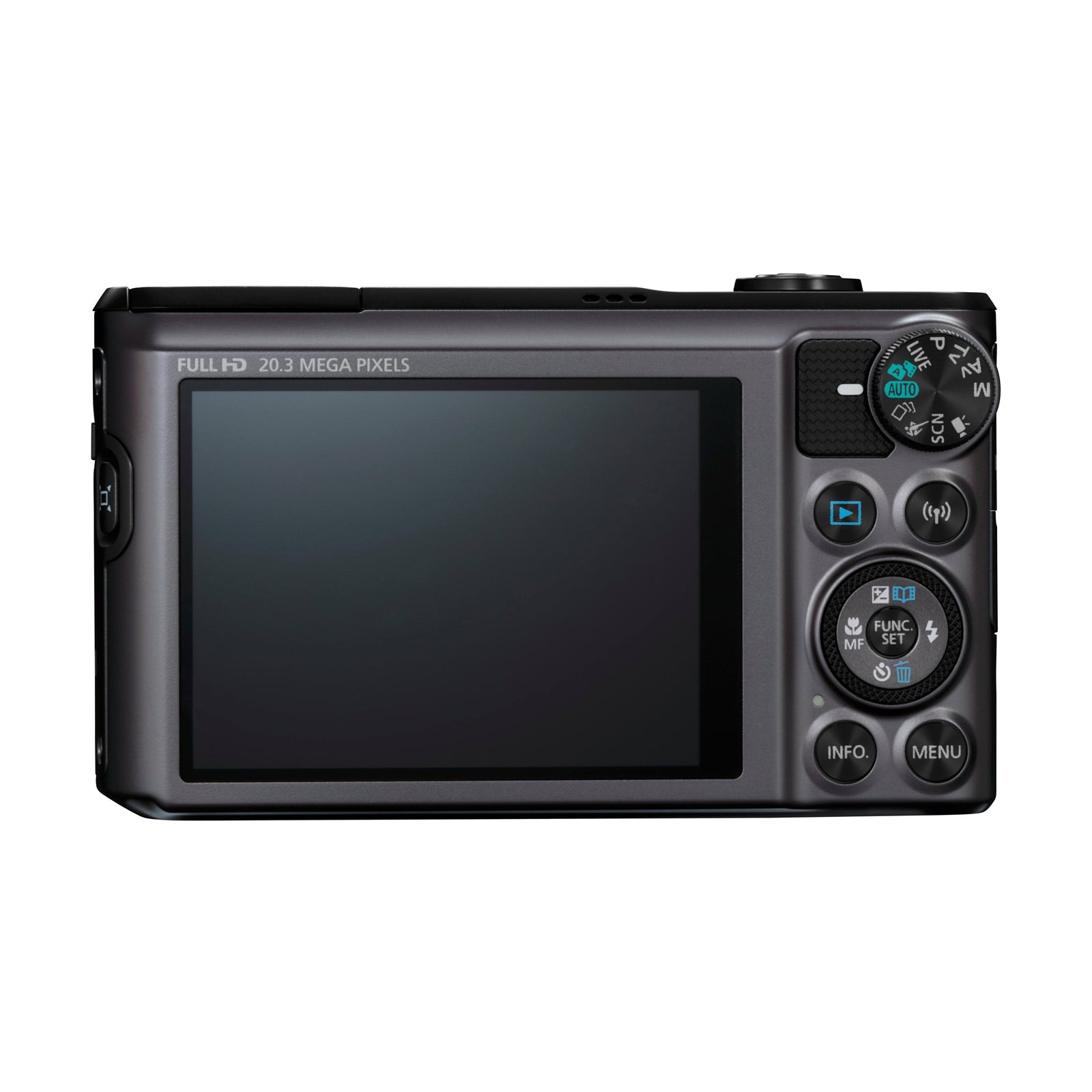ClubCamera.com dark gray Canon PowerShot SX720 HS rear view showing 3-inch LCD screen and mode dial