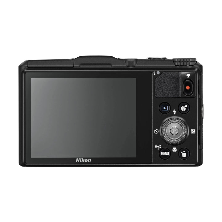 Back view of black Nikon Coolpix S9700 point-and-shoot camera with textured grip and Wi-Fi indicator by ClubCamera.com