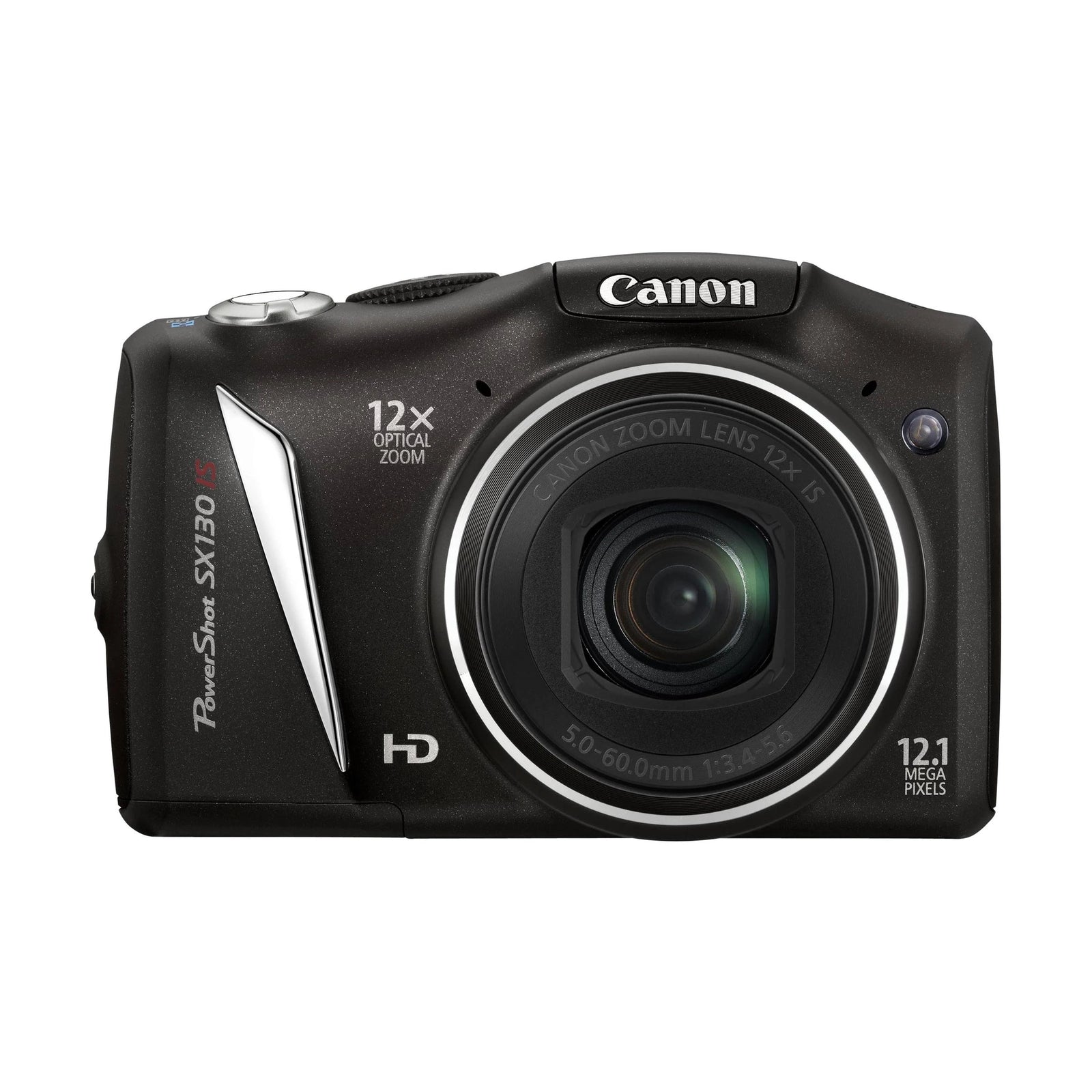 Black Canon PowerShot SX130 IS front shot showing 12x optical zoom lens and silver accents from ClubCamera.com