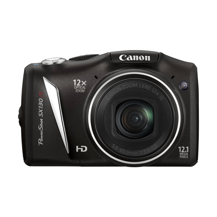 Black Canon PowerShot SX130 IS front shot showing 12x optical zoom lens and silver accents from ClubCamera.com