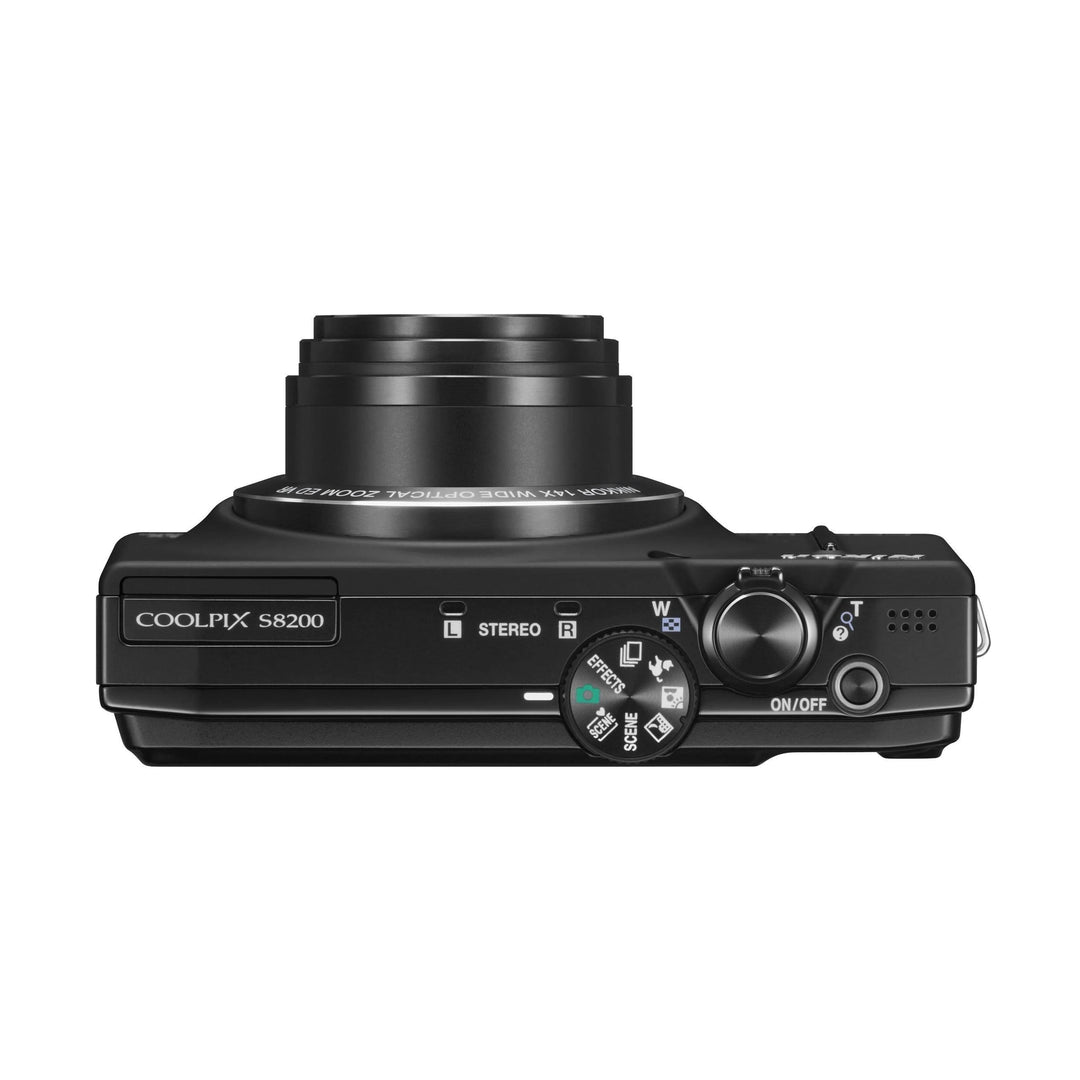ClubCamera.com black Nikon Coolpix S8200 top view with NIKKOR 14X zoom lens and mode dial