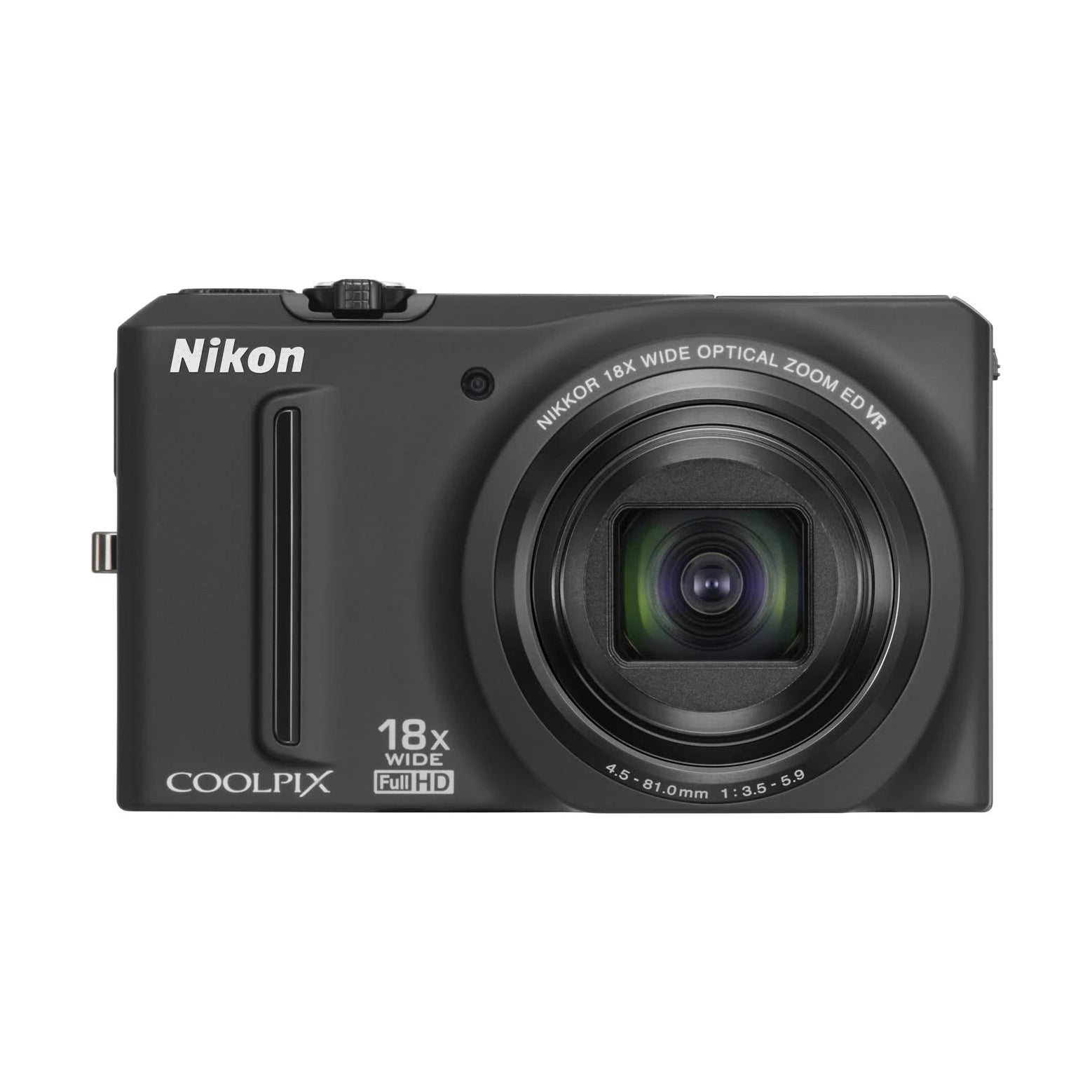 Front view of black Nikon Coolpix S9100 point-and-shoot camera with retracted lens and Full HD specs from ClubCamera.com