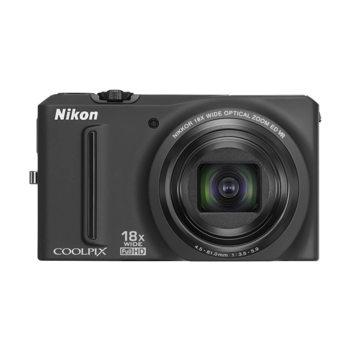 Front view of black Nikon Coolpix S9100 point-and-shoot camera with retracted lens and Full HD specs from ClubCamera.com