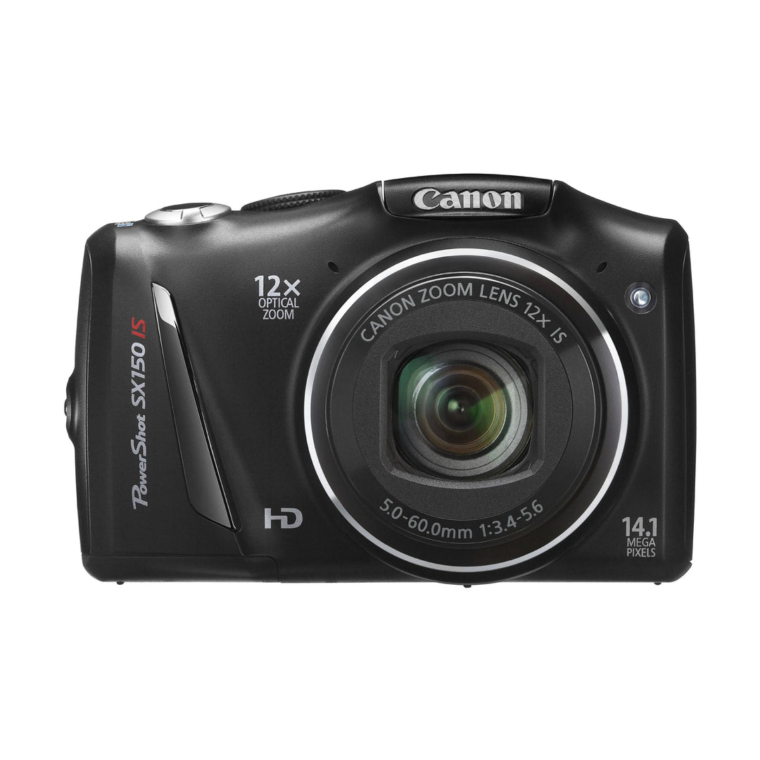 ClubCamera.com front view of black Canon PowerShot SX150 IS highlighting 12x zoom lens specs and 14.1 megapixel branding