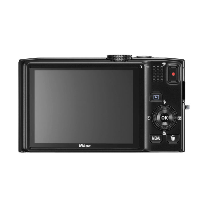 ClubCamera.com rear view of black Nikon Coolpix S8200 LCD screen with navigation dial and buttons