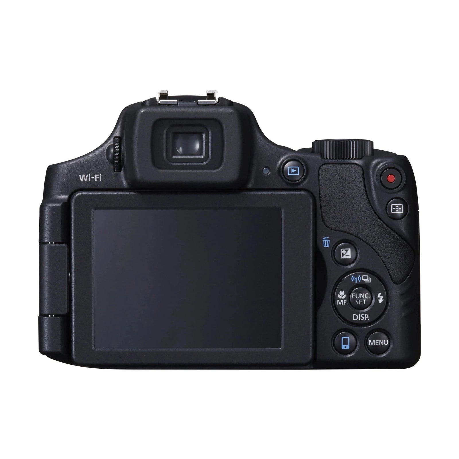 ClubCamera.com black Canon PowerShot SX60 HS digital camera back view with folded LCD and textured grip