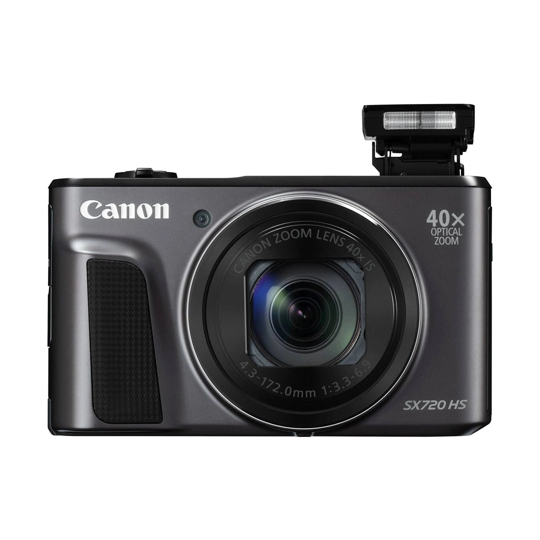 Dark gray Canon SX720 HS digital camera with pop-up flash and 40x optical zoom lens