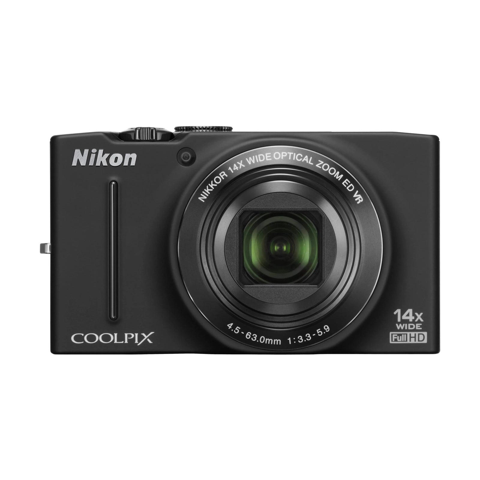 ClubCamera.com front shot of black Nikon Coolpix S8200 with NIKKOR 14x optical zoom lens