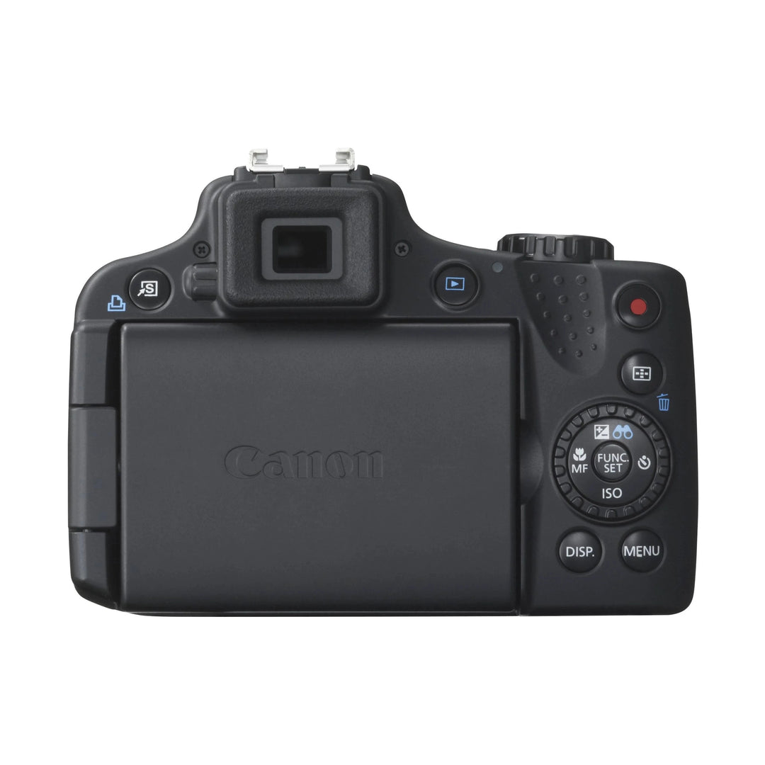 ClubCamera.com black Canon PowerShot SX50 HS back view with articulated LCD and control dial