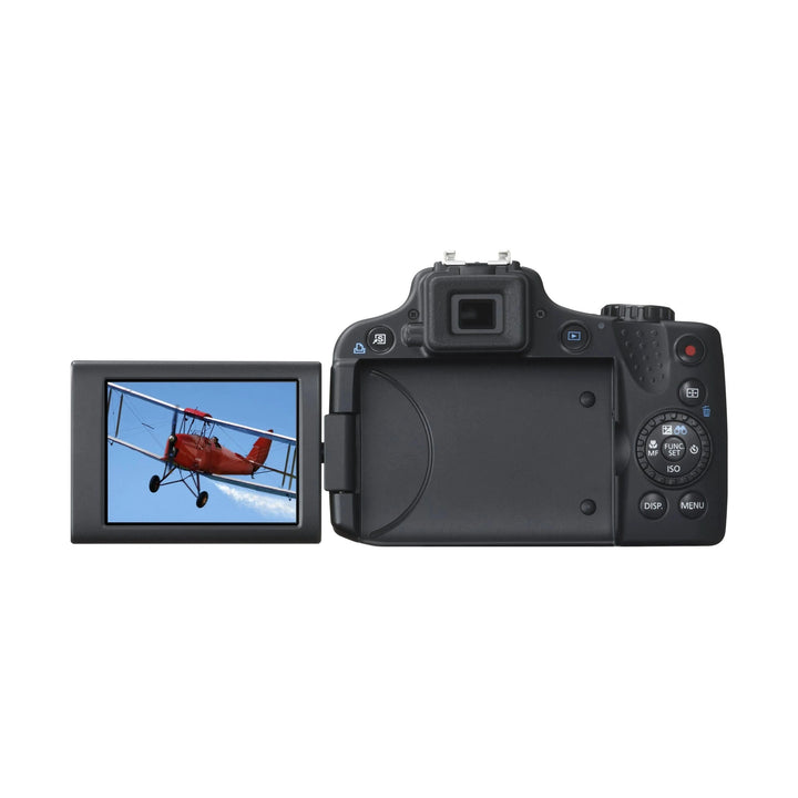 ClubCamera.com Canon PowerShot SX50 HS with flipped-out screen displaying red biplane photo