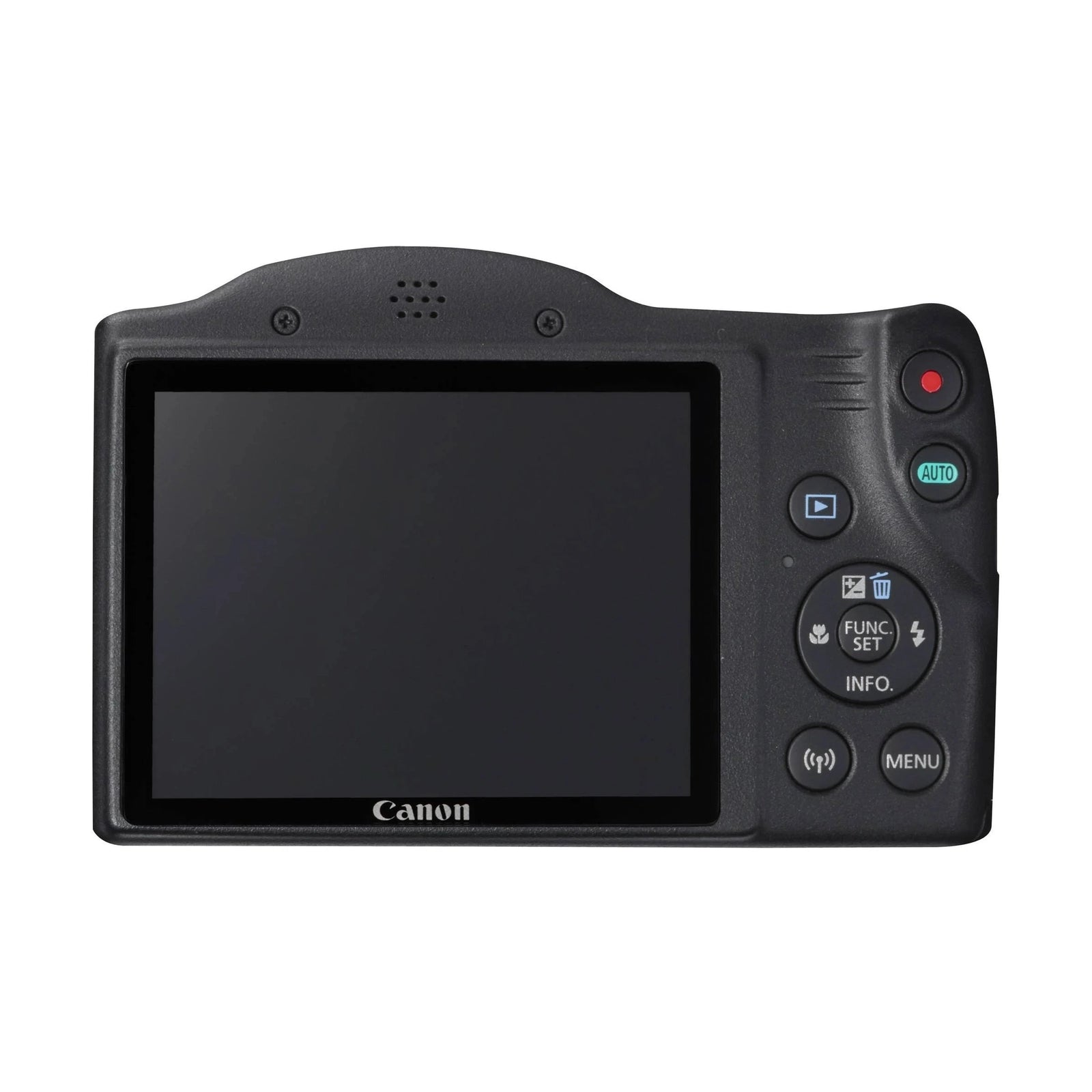 ClubCamera.com rear view of black Canon PowerShot SX430 IS showing LCD screen and control buttons