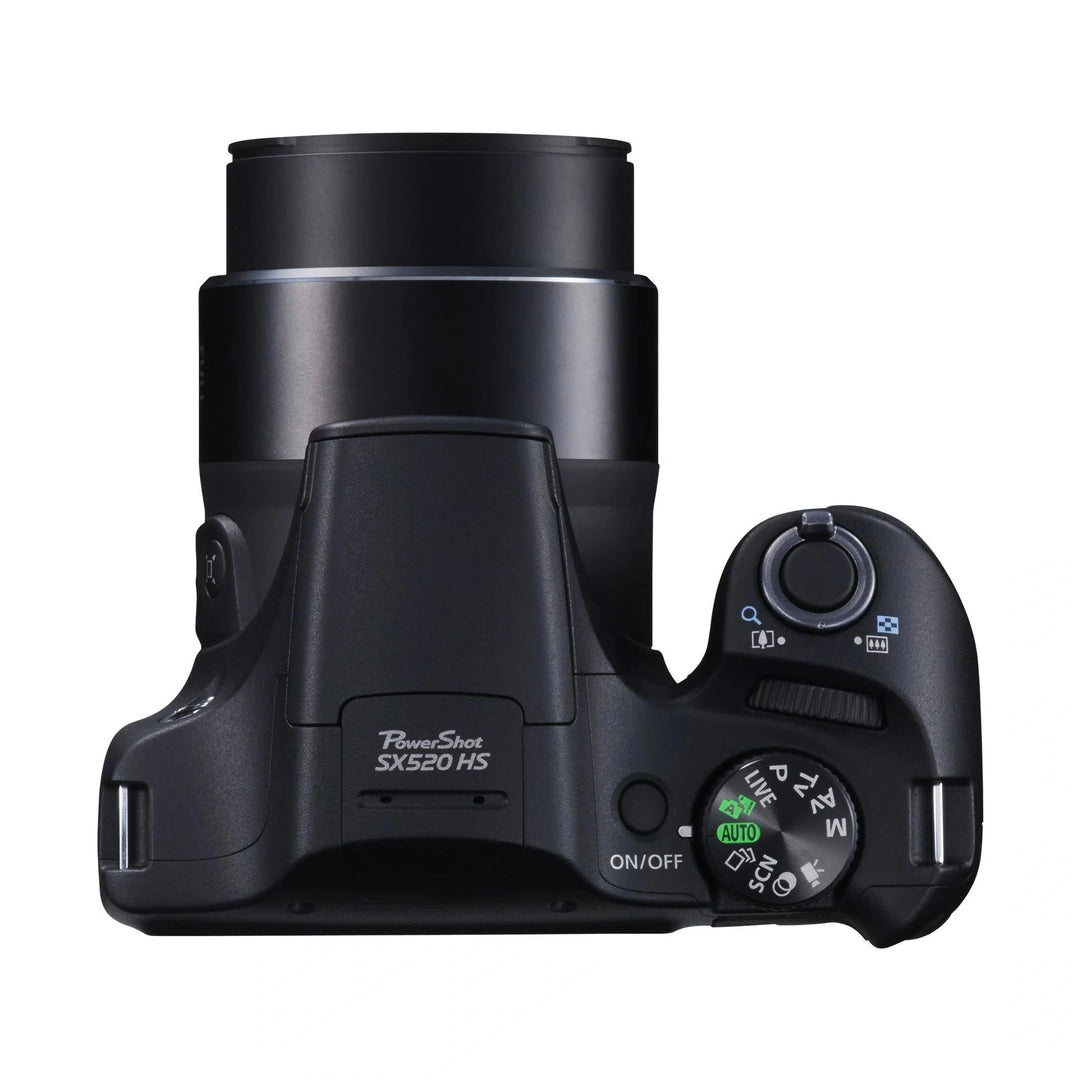 ClubCamera.com black Canon PowerShot SX520 HS top view with mode dial and textured grip
