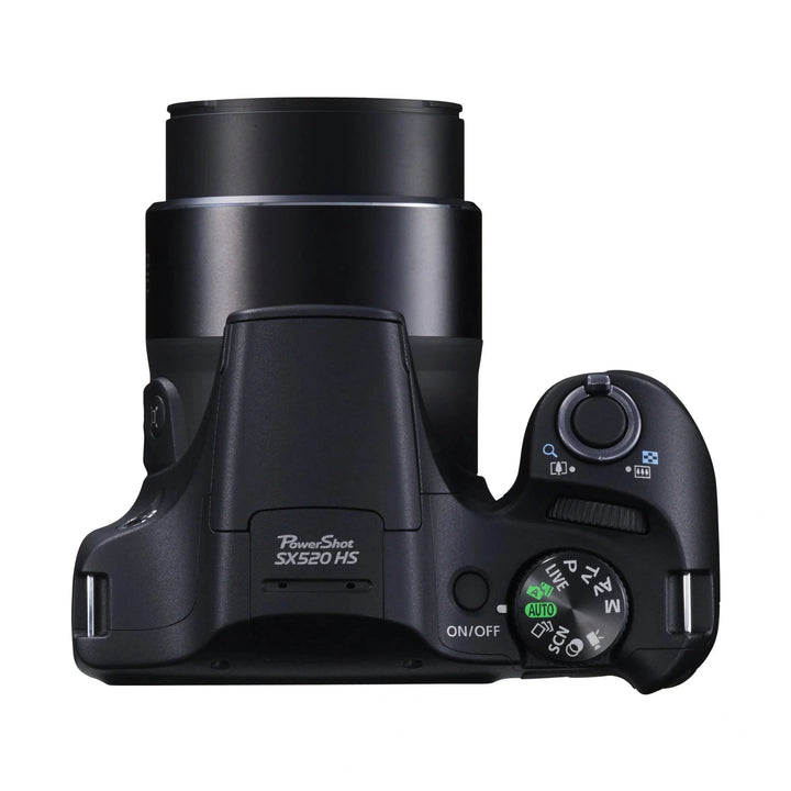 ClubCamera.com black Canon PowerShot SX520 HS top view with mode dial and textured grip