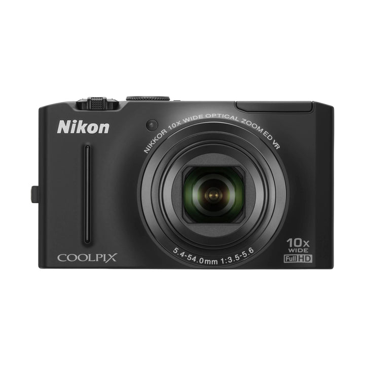 ClubCamera.com front shot of compact black Nikon Coolpix S8100 digital camera with retracted NIKKOR lens