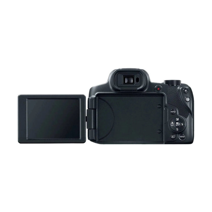 Black Canon PowerShot SX70 HS digital camera rear view with articulating LCD screen flipped out left by ClubCamera.com