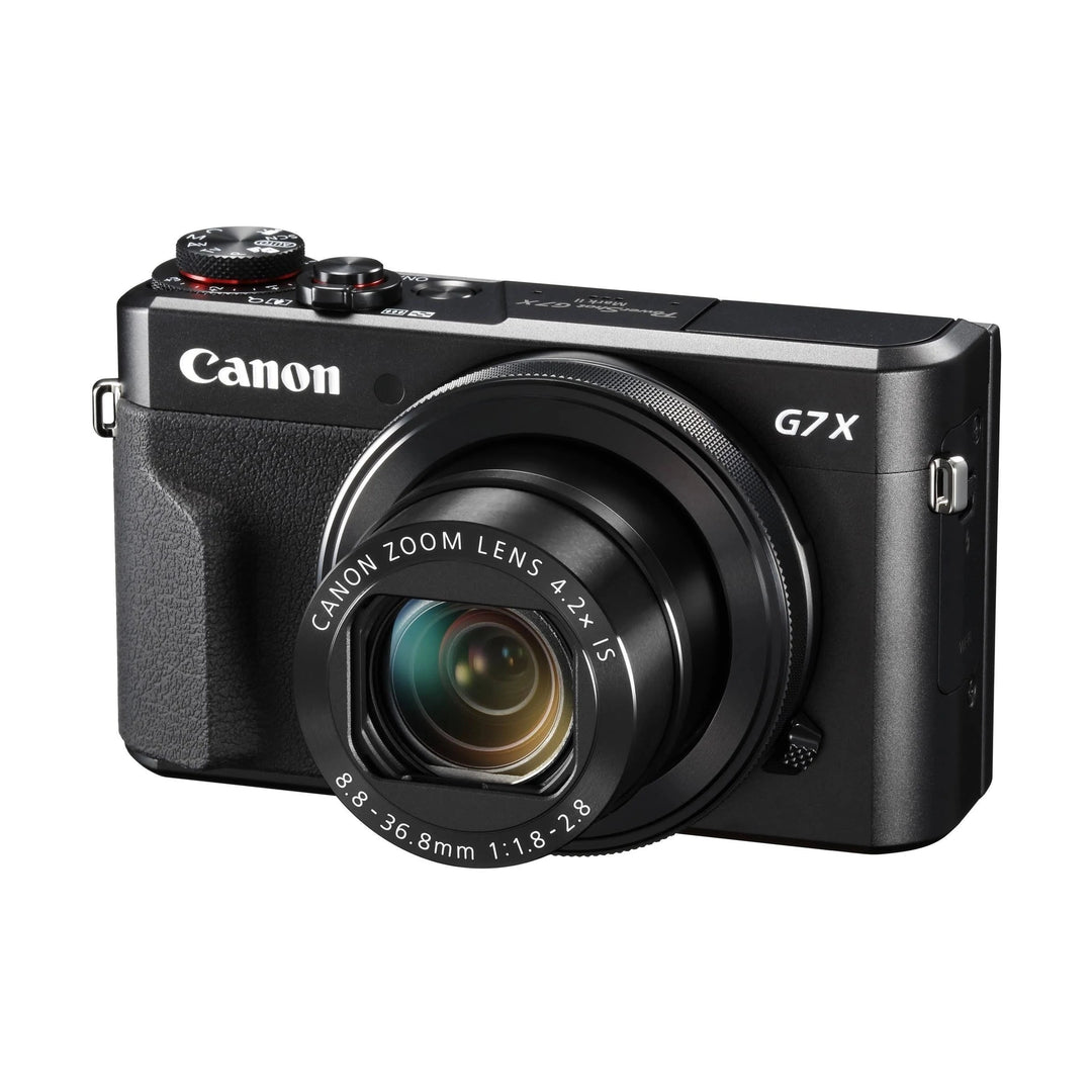 Front shot of black Canon PowerShot G7 X Mark II with zoom lens extended at ClubCamera.com