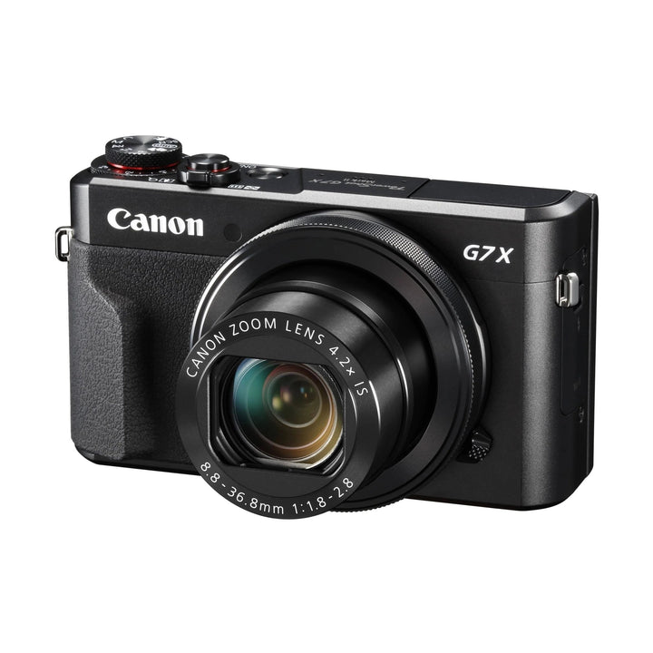 Front shot of black Canon PowerShot G7 X Mark II with zoom lens extended at ClubCamera.com