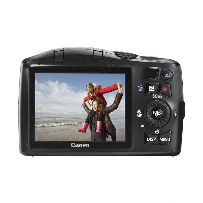Rear view black Canon PowerShot SX150 IS digital camera with LCD showing beach scene and control buttons by ClubCamera.com