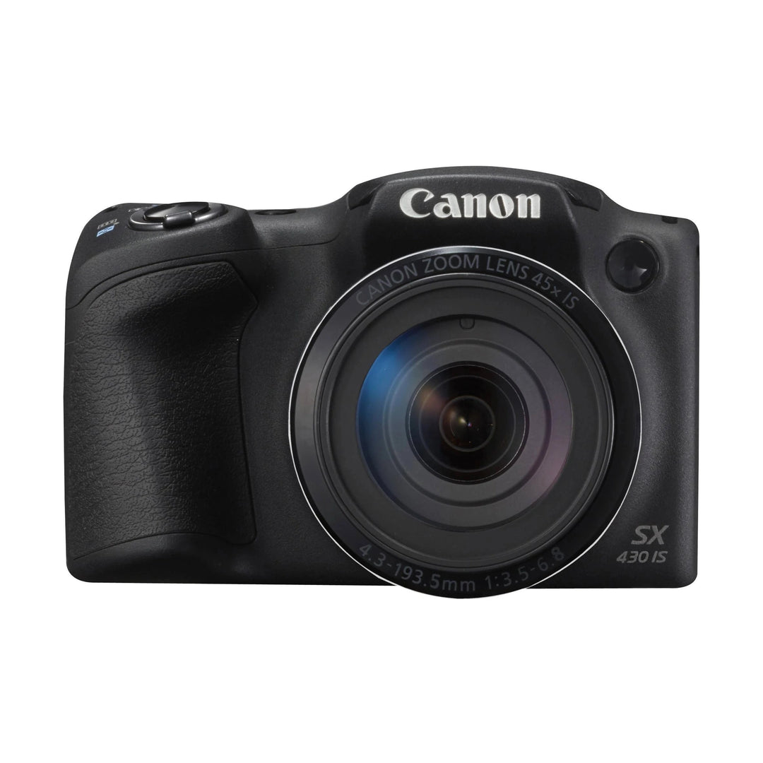 ClubCamera.com front shot of black Canon PowerShot SX430 IS highlighting 45x zoom lens and logo