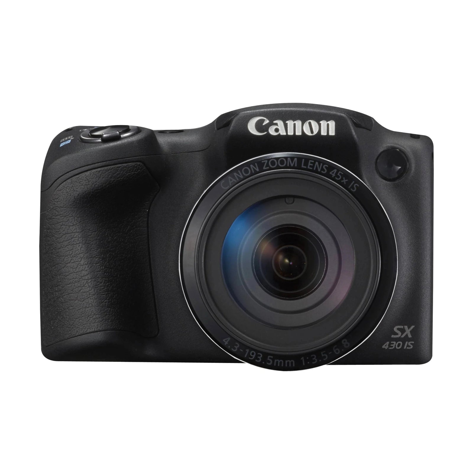ClubCamera.com front shot of black Canon PowerShot SX430 IS highlighting 45x zoom lens and logo