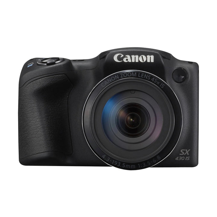 ClubCamera.com front shot of black Canon PowerShot SX430 IS highlighting 45x zoom lens and logo