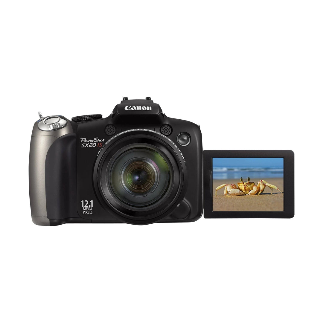 Canon PowerShot SX20 IS digital camera with vari-angle LCD showing crab photo, ClubCamera.com