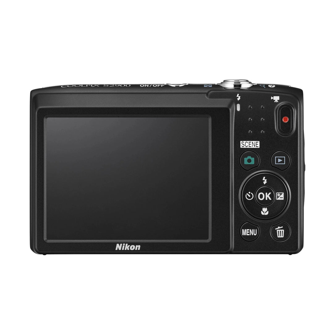ClubCamera.com black Nikon Coolpix S2900 rear view showing LCD screen, video record button, and control pad