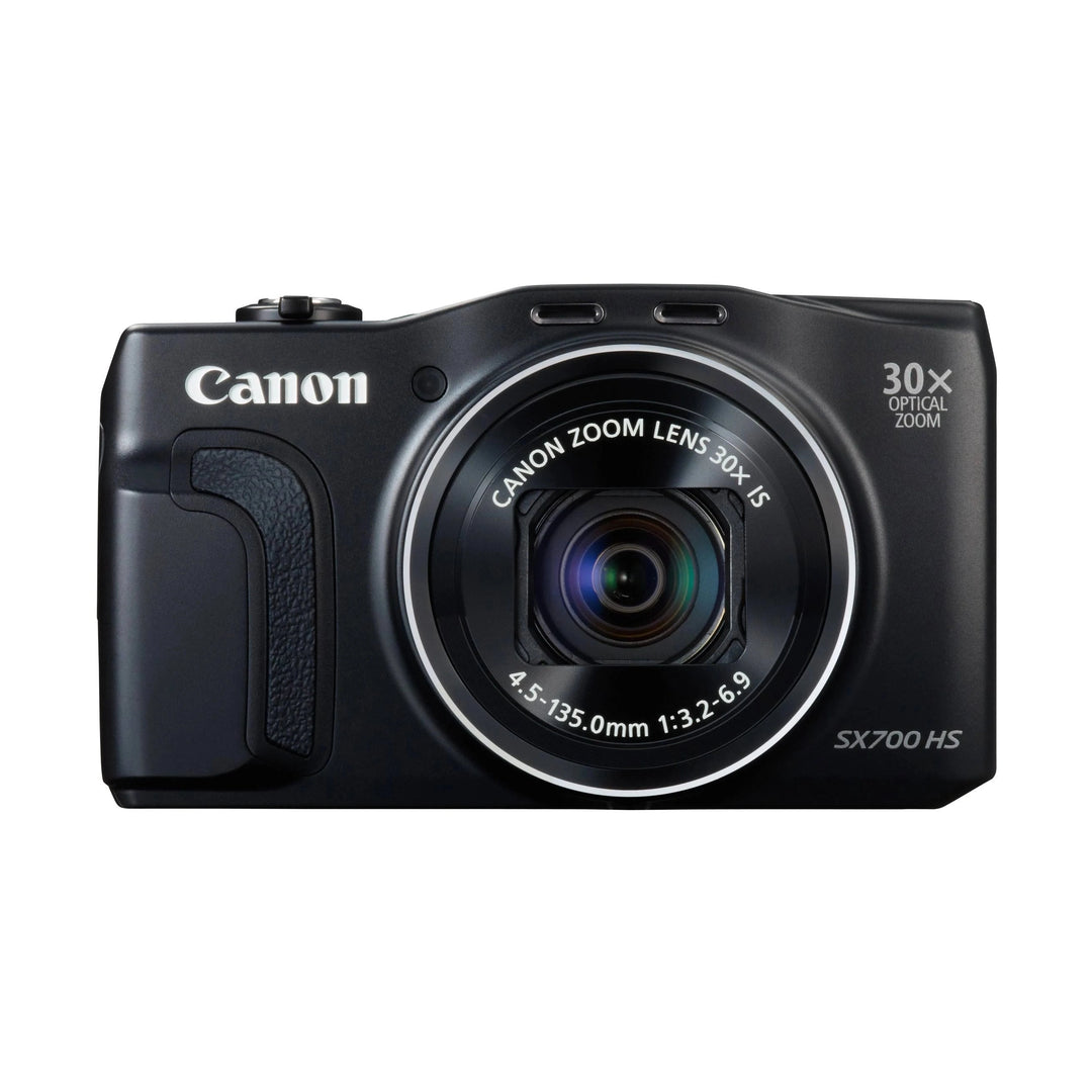ClubCamera.com front shot of black Canon PowerShot SX700 HS with extended 30x zoom lens