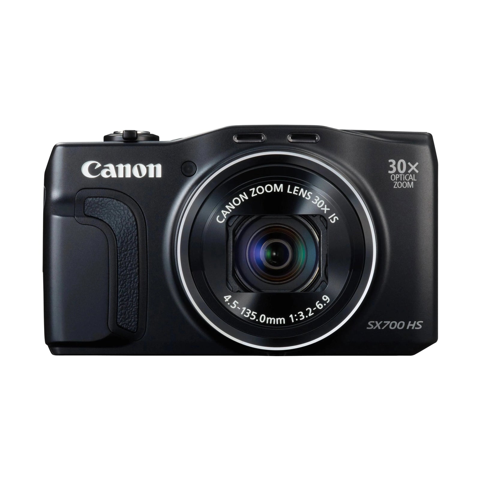 ClubCamera.com front shot of black Canon PowerShot SX700 HS with extended 30x zoom lens