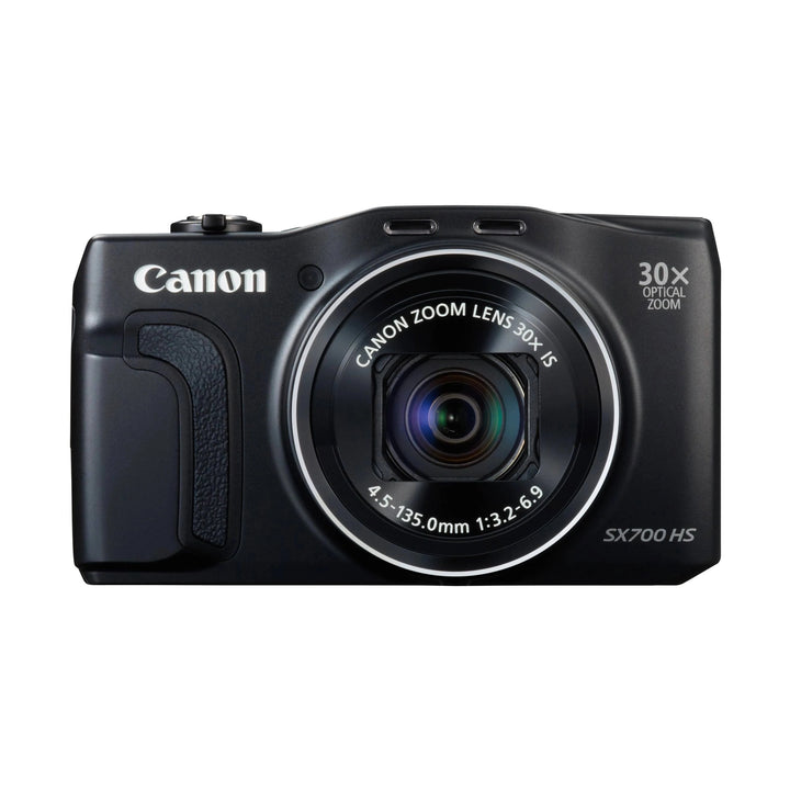 ClubCamera.com front shot of black Canon PowerShot SX700 HS with extended 30x zoom lens