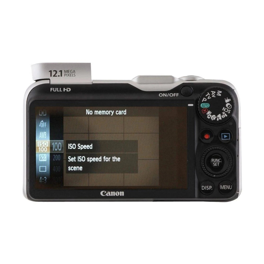 ClubCamera.com rear view of Canon PowerShot SX230 HS showing LCD menu and mode dial