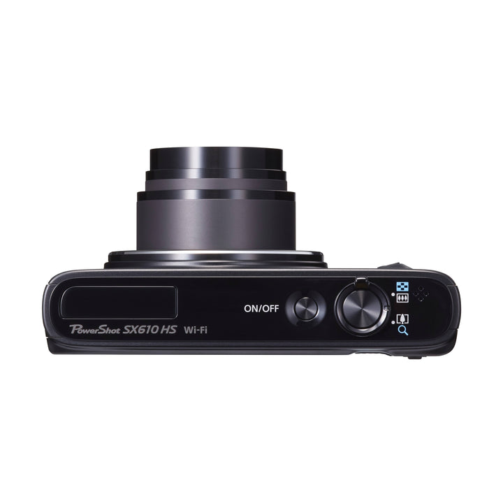 ClubCamera.com black Canon PowerShot SX610 HS top view with retractable zoom lens and Wi-Fi icon