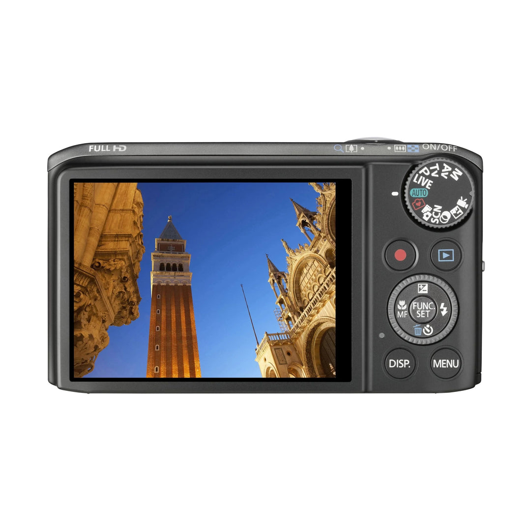 ClubCamera.com Canon PowerShot SX260 HS black digital camera rear view with LCD showing Venice travel photo