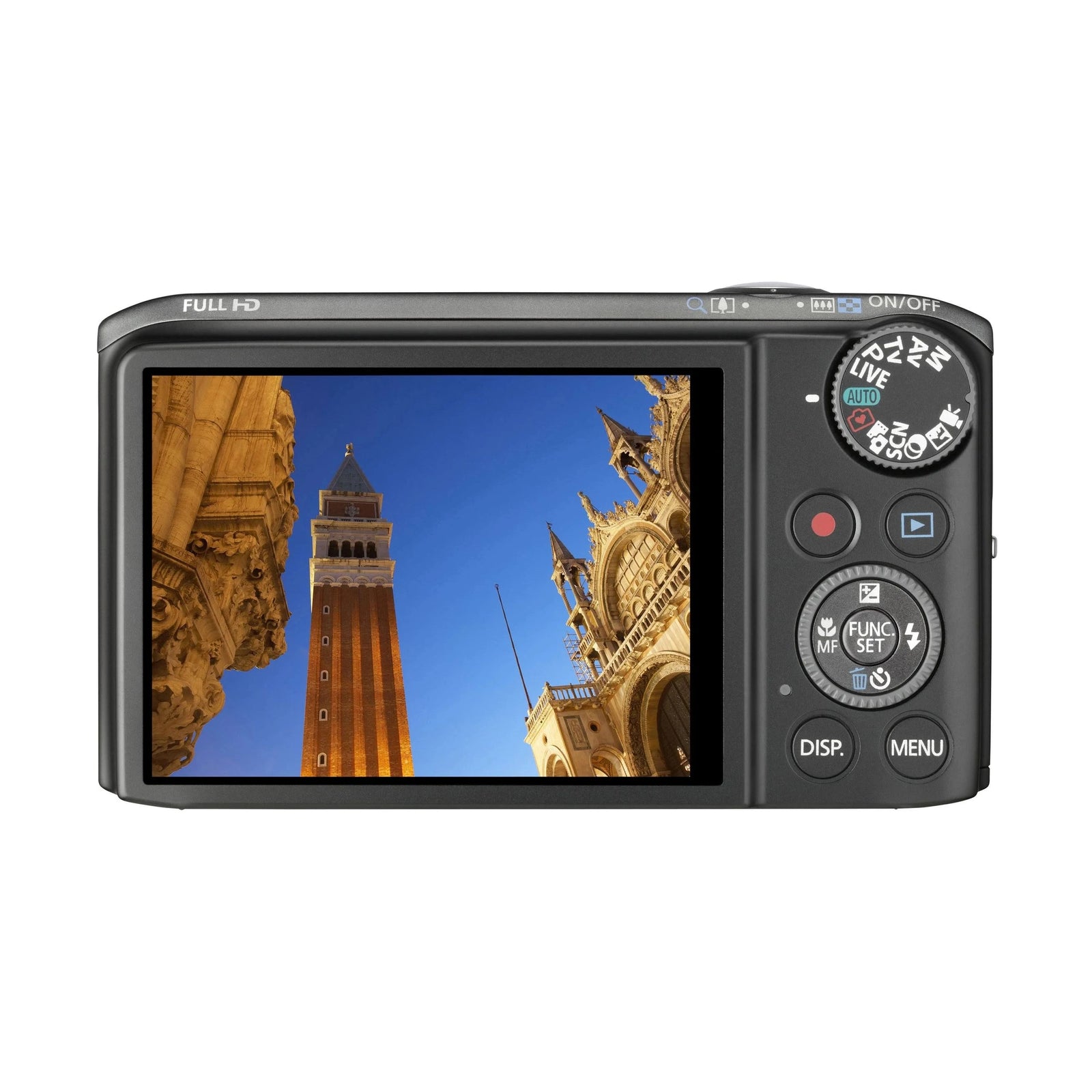 ClubCamera.com Canon PowerShot SX260 HS black digital camera rear view with LCD showing Venice travel photo