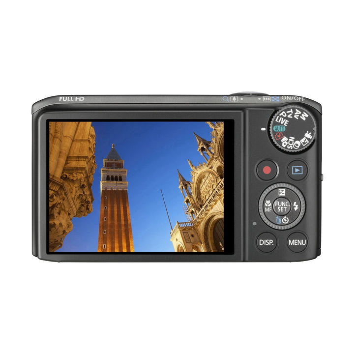 ClubCamera.com Canon PowerShot SX260 HS black digital camera rear view with LCD showing Venice travel photo