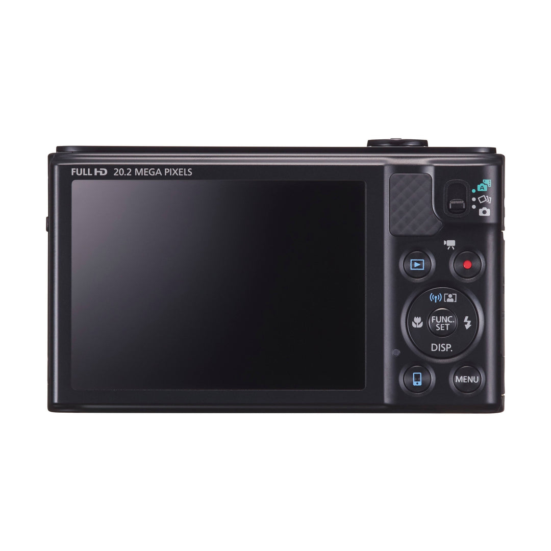 ClubCamera.com rear view of black Canon PowerShot SX610 HS showing Full HD LCD screen and control buttons