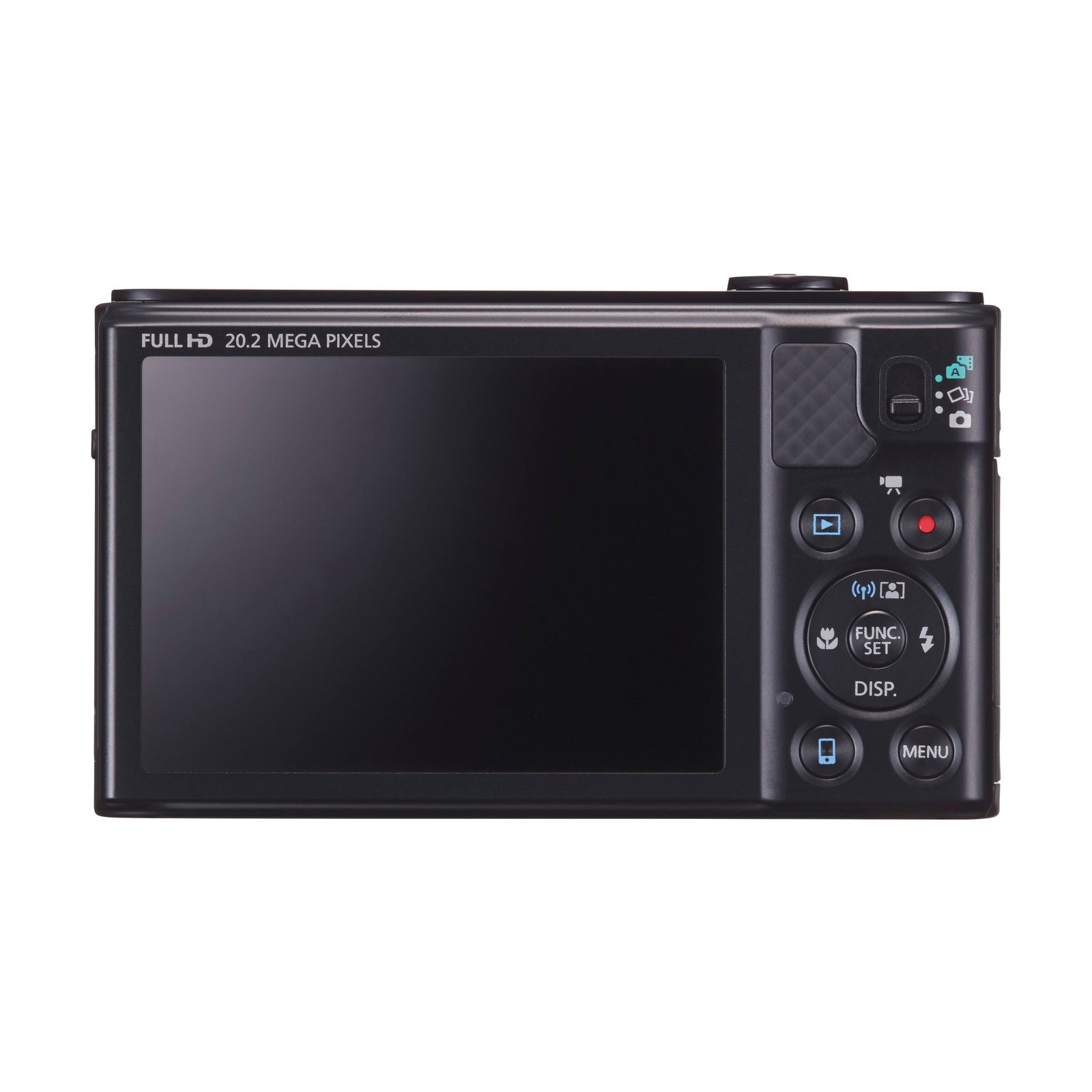 ClubCamera.com rear view of black Canon PowerShot SX610 HS showing Full HD LCD screen and control buttons